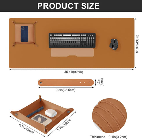 DAWNTREES Dual Sided Desk Mat, Leather Desk Pad, Brown 35.5"x17", with PU Leather Valet Tray Organizer