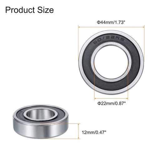 uxcell 4 Pcs 60/22-2RS Deep Groove Ball Bearing, 22mm x 44mm x 12mm High Carbon Chrome Steel Z3 Double Rubber Sealed Bearing (ABEC3)