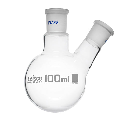 EISCO 2 Neck Round Bottom Boiling Flask, 100mL - 19/22 Center & Side Joints - Borosilicate Glass