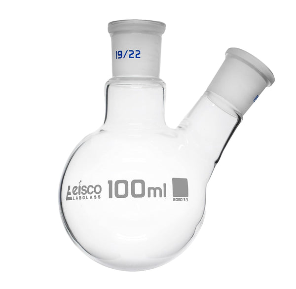 EISCO 2 Neck Round Bottom Boiling Flask, 100mL - 19/22 Center & Side Joints - Borosilicate Glass