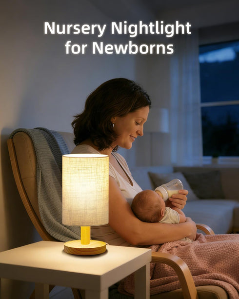 pickrelax Small Touch Table Lamp for Bedroom, Bedside Lamp for Warm Light LED Desk Lamp, Wood Base Round Flaxen Fabric
