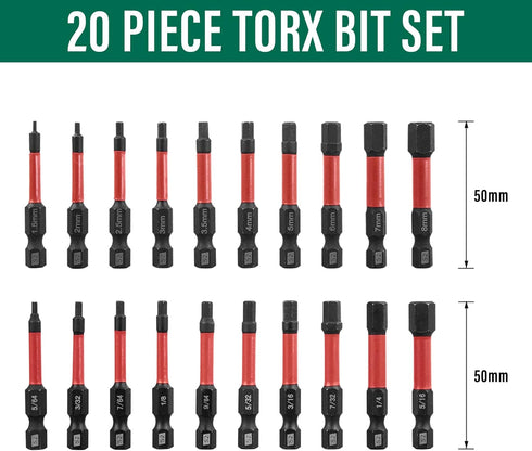 Generic Set, 20 S2 2 Inch, 1/4" Impact Allen Wrench Drill Bit Pieces, Hex, Steel, Red, Hex-Shank, Magnetic, CNC