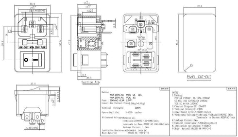 2pcs 10A 250V Rocker Switch Power Socket Inlet Module Plug with 5A Fuse Switch and 18 AWG Wiring 3 Pin IEC320 C14