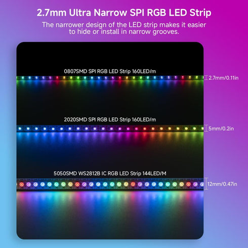 WS2812B 2.7mm 0807SMD DC5V 3.2FT 160Pixels/m 160LED IP30 BTF-LIGHTING IC RGB Ultra Narrow LED Strip Individually