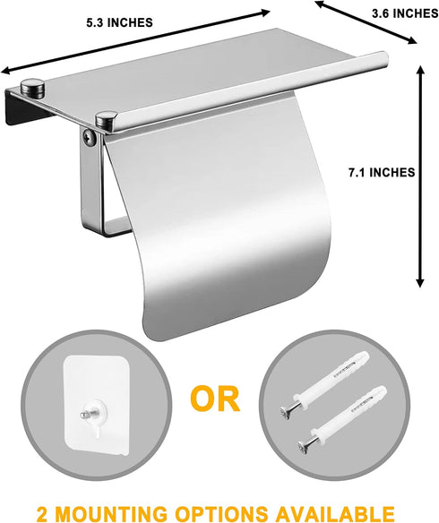 304 Toilet Paper Holder with Phone Shelf and Waterproof Cover, SUS Stainless Steel Tissue Roll Storage Rack (Polished