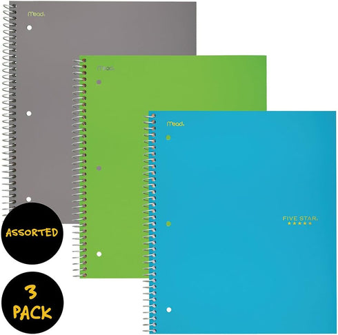Five Star Spiral Notebooks, 3 Subject, Wide Ruled Paper, 150 Sheets, 10-1/2" x 8", Gray, Lime, Teal, 3 Pack (38431) by Five Star