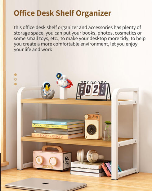 Office Desk Shelf Organizer, Wood Desktop Bookshelf Supplies Storage Rack, Shelf for Top of Desk and Dresser