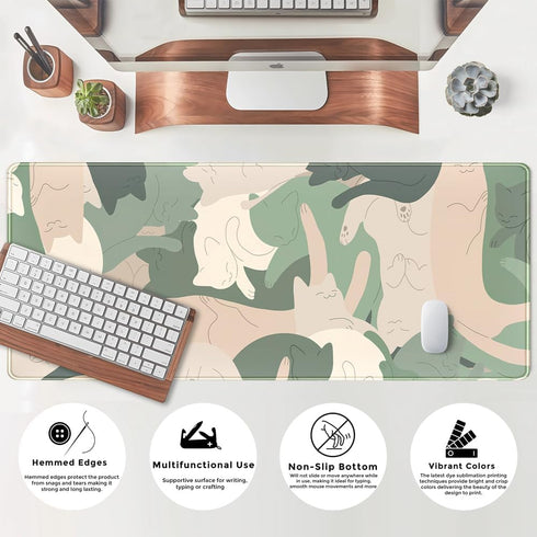 Green Simple Cat Desk Mat, Cute Long Mouse Pad for Laptop Gaming, Office Decor Accessories (31.5x11.8In)