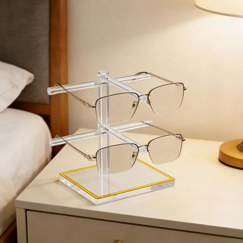 2-Tier 2 Trimmed Counter Acrylic Sunglasses Display Stand, Clear Glasses Stand for Pairs, Luxury Gold Eyeglasses Holder