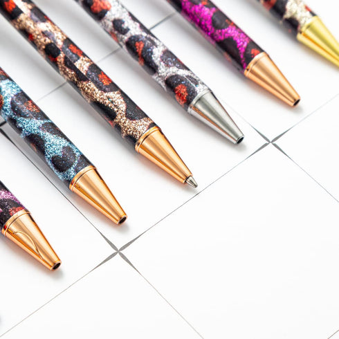 PASISIBICK 8 Pieces Girly Leopard Writing Pens, Cute Glitter Ballpoint Pens, Black Ink, Medium Point