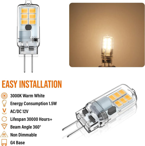 G4 Bulb 12V Bulb 1.5W, 15 G4, Dimmable 3000K 10Pack LED AC/DC, JC Bi-Pin Base Light Equivalent to Watt Halogen Not Warm