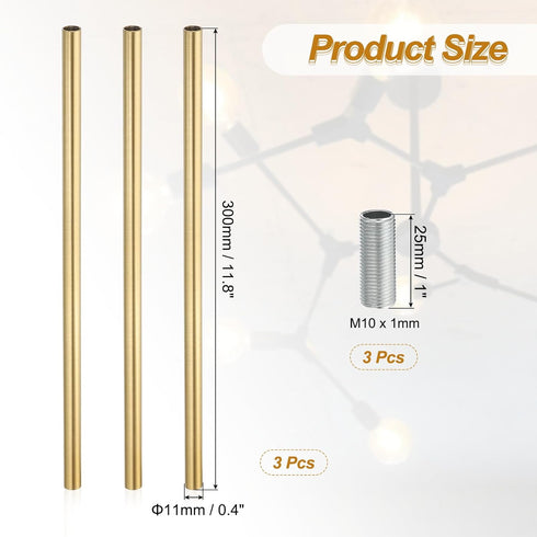PATIKIL 3 Sets 11.8" M10 1mm Threaded Extension Rod, x Fine Thread Lamp Pipe with Lamp Pipe Nipples for Pendant Light