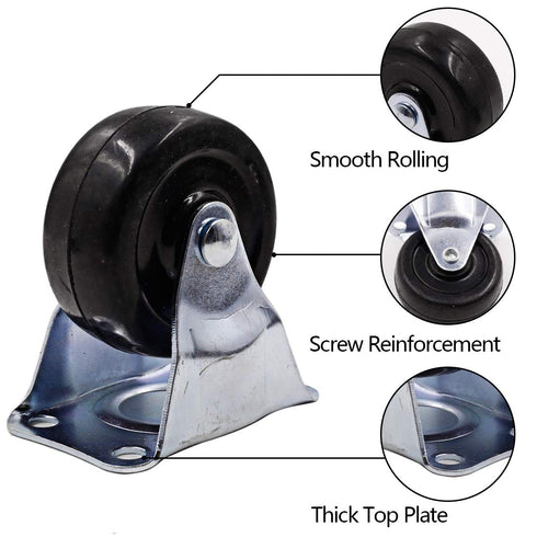 Luomorgo 4Pcs Heavy Duty 2 Inch Rubber Black Caster Wheels with Rigid Fixed Non-Swivel Top Plate for Furniture