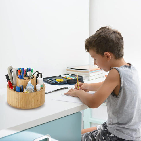 SOUJOY Bamboo Pen Holder Organizer, 360° Rotating Art Supply Caddy with 11 Compartments, Holds 200+ Pencils, Office Box