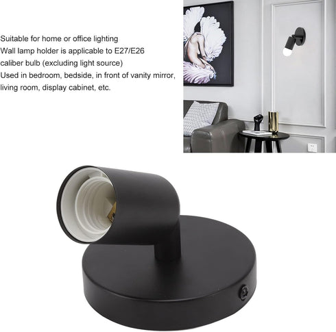Locadence E26 E27 180 Wall Lamp Holder, Degree Modern Adjustable Wall Lamp Base, Iron Lamp Holder for Bedroom, Bedside