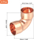 uxcell 4 Pcs 0.5 inch 90 Degree Elbow Short-turn Copper Pipe Fitting Connector with Sweat Solder Connection