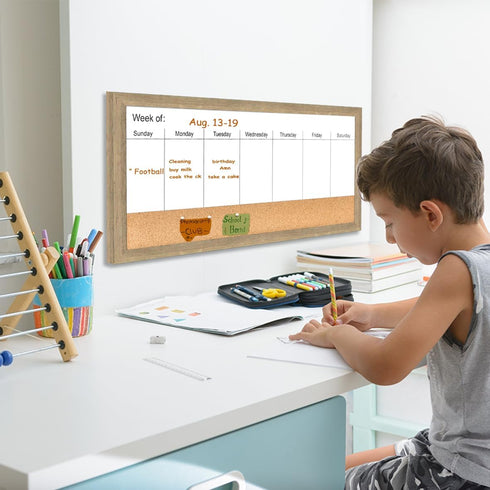 Magnetic Weekly Dry Erase White Board and Cork Board, Rustic Brown Wood Frame for Home Office and Wall Decor