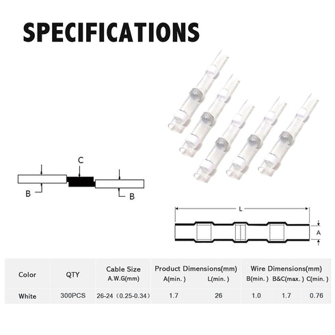 Kuject 300PCS White Waterproof Self Solder Heat Shrink Butt Connector Solder Sleeve Electrical Butt Splice for