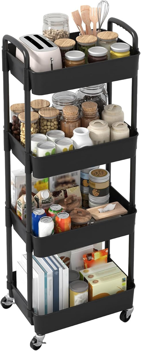 4-Tier Sywhitta Plastic Rolling Utility Cart with Handle, Multi-Functional Storage Trolley for Office, Living Room