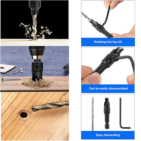 5pcs Wood Countersink Drill Bit Set, Hex Shank Quick Change Counter Sinker, Pilot Bit Set for Woodworking