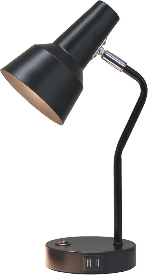 LD1072-BLK 15.2" Simple Designs Sleek Essentials Metal Cone Shade Desk Lamp with Adjustable Shade and Dual USB Ports