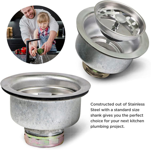 Highcraft 9737 Stainless Steel Double Cup Kitchen Sink Drain Assembly with Strainer Basket, 1 Count