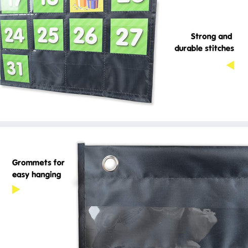 EAMAY Monthly Calendar Pocket Chart for Classroom with 71 Cards, Kids Learning Supplies for Home and Homeschool (Black)