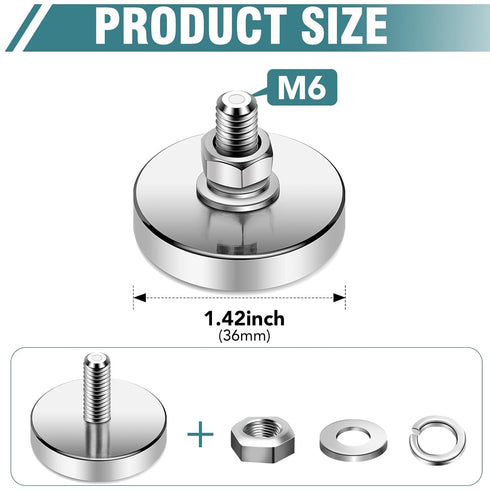 M6 150 lb 36mm 4 Packs Super Strong Neodymium Round Magnet with Male Thread Nuts Bolts Corrosion-Resistant Mounting