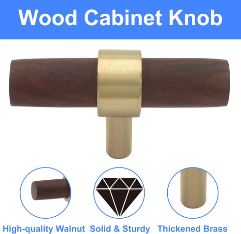 Piutouyar 2 60 mm/2.36 inch Pcs Walnut Cabinet Pulls, Single Hole Wood Drawer Handle Knobs, T Bar Knob Pull Handles