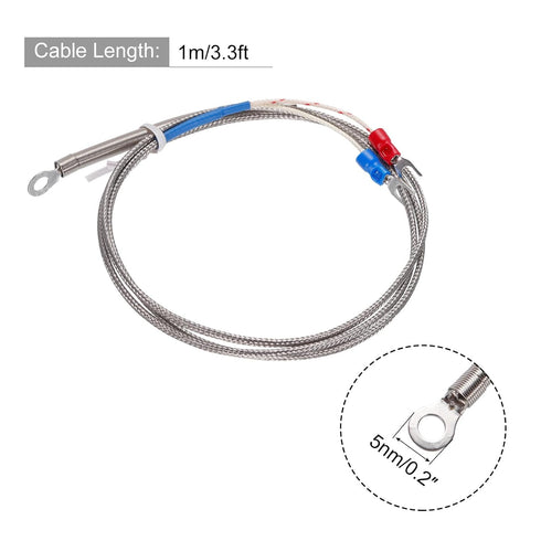 MECCANIXITY K Type Thermocouple Temperature Sensor PT100 5mm Ring High Temperature Probe 3.3ft Wire 0 to 600°C(32 to 1112°F) Stainless Steel