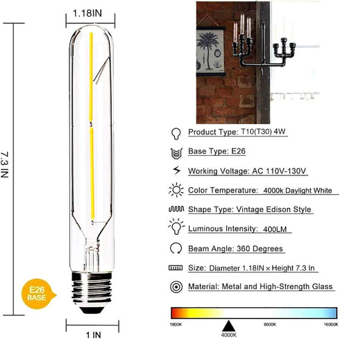 Dimmable 4W LED Tube Bulbs, 4000K Daylight White, T10 Tubular Edison Style, 40 Watt Equivalent, E26 Base, 4 Pack