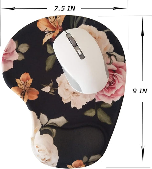 Floral Aesthetic Portable Mouse Pad, Small 3D Gel Mouse Pad with Wrist Support, Black