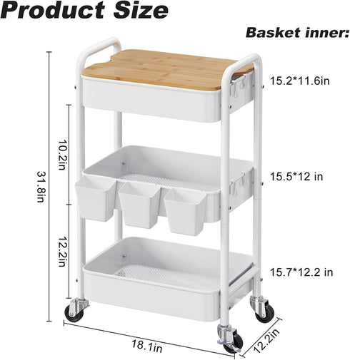 Rcemlip 3 Tier Rolling Cart with Wood Table Top, White Bedside Cart on Lockable Wheels, Metal Utility Storage Organizer