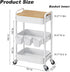 Rcemlip 3 Tier Rolling Cart with Wood Table Top, White Bedside Cart on Lockable Wheels, Metal Utility Storage Organizer