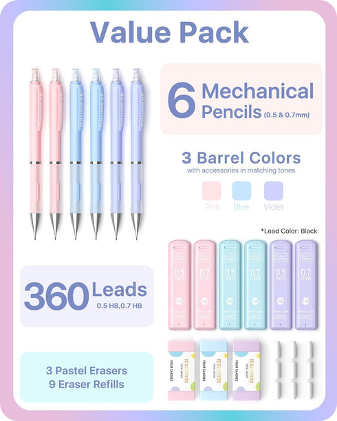 Four Candies Pastel Mechanical Pencil Set - 6PCS 0.5 mm & 0.7mm Pencils with 360PCS HB #2 Lead Refills for Students