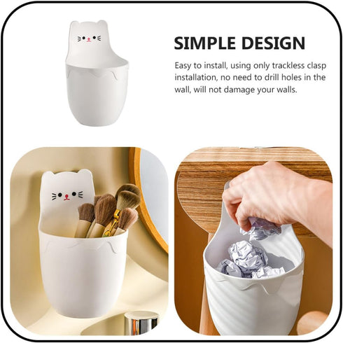 Wall-mounted Pen Holder and Pencil Storage Organizer, White Cartoon Cat Design, Nail-free Office Supply Container