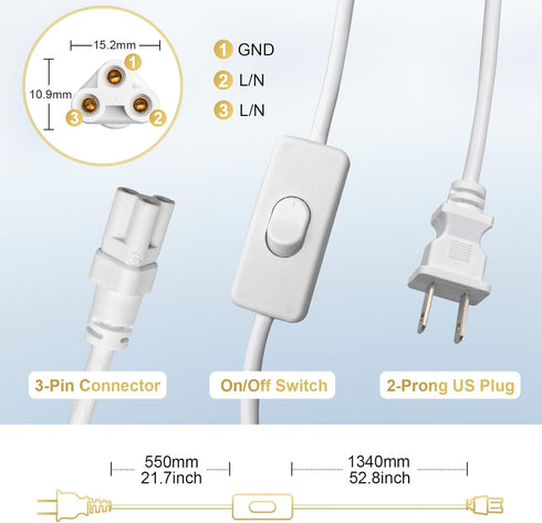 DiCUNO 6.6FT T5 T8 Tube Light Extension Cord with On/Off Switch, US Plug for LED Integrated Fixture, White, Pack of 1