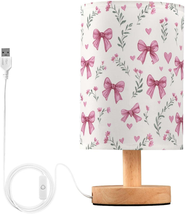 Pink Bows Hearts Flower Bedside Table Lamp Small Desk Lamps Linen Fabric
