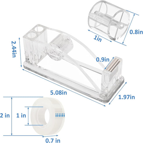Transparent Acrylic Tape Dispenser, Non-Skid Tape Cutter Holder for Standard Tape Rolls, Clear Tapes, Desktop Tape