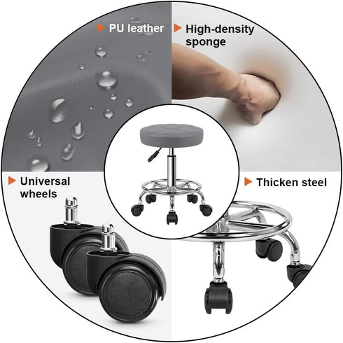 KKTONER Round Rolling Stool Chair PU Leather Height Adjustable Swivel Drafting Work SPA Shop Salon Stools with Wheels