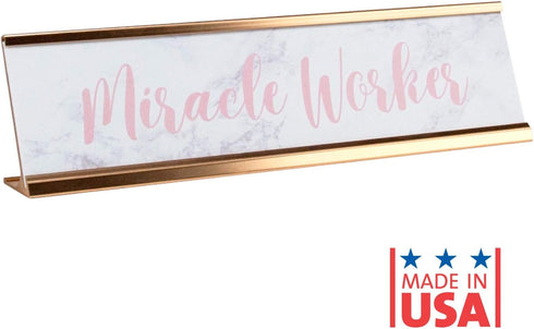 Miracle Worker Faux Marble Desk Plate - 2" x 8" Funny Office Desk Sign Nameplate/Rose Gold Cubicle Décor