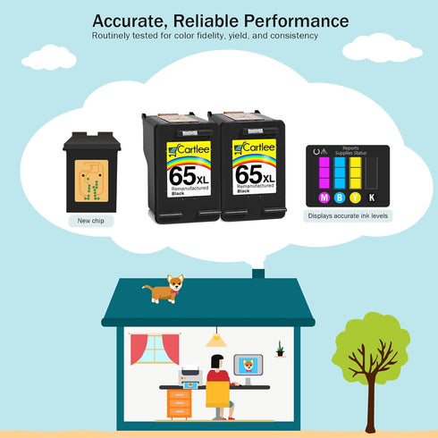 Cartlee 2 Pack Remanufactured 65XL High Yield Ink Cartridges for HP DeskJet 2600 2622 2635 2652 2655