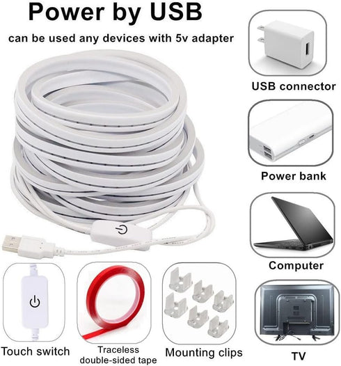 6.56ft M.best USB LED Strip Lights Waterproof Flexible LED Neon Tape Lights with Switch for Bedroom Indoors Outdoors