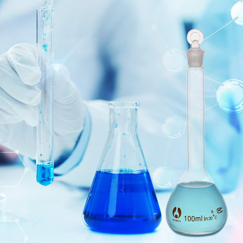 OLYCRAFT 4pcs Volumetric Flask Set, 10ml/25ml/50ml/100ml with Glass Cap for Laboratory Projects