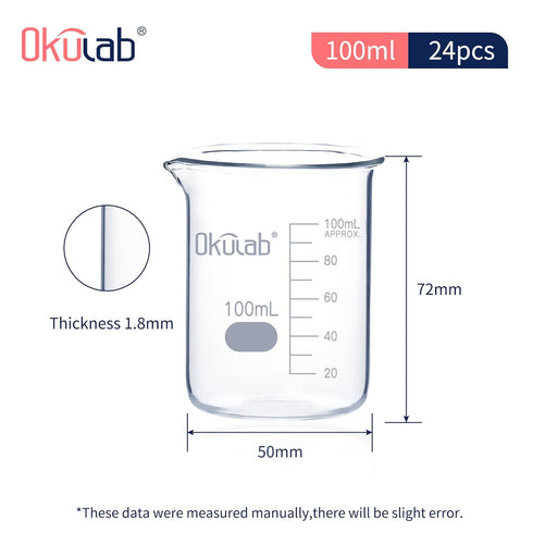 Beaker Set, Low Form 100ml Graduated Borosilicate Glass Beakers, 24pcs for Lab, Classroom, Craft, Kitchen