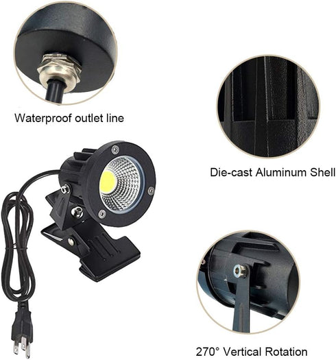 Outdoor 1pc 5W COB LED Clip on Light - IP65 Waterproof Adjustable Desk Stand COB Spotlights with Clip and US Plug