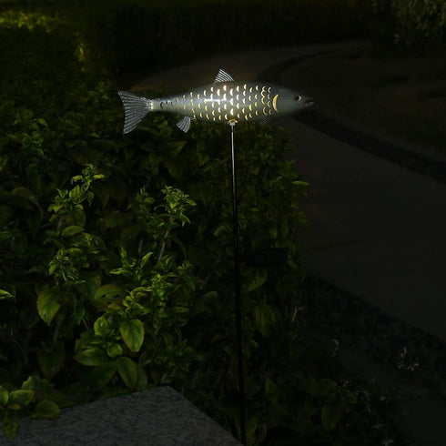 (Silver-2) KAIXOXIN Solar Garden Lights Metal Fish Decorative Stake for Outdoor Patio Yard Decorations,Warm White LED