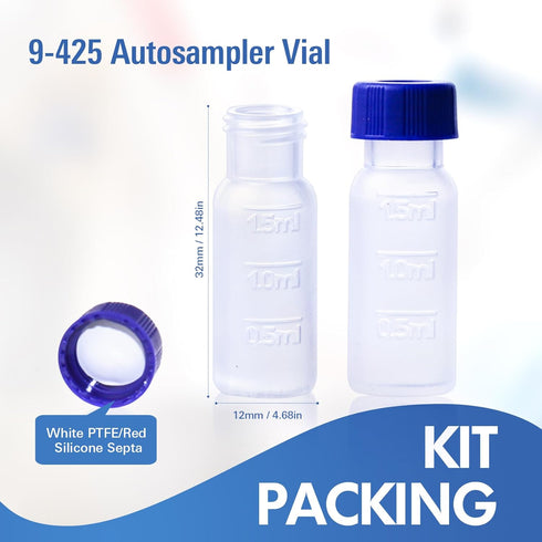 2ML Polypropylene Vials, 9mm Short Thread Vial with Graduation, Blue Screw Cap with Hole, WhitePTFE&Red Silicone Septa, for Ion Chromatography, 100 of Pack
