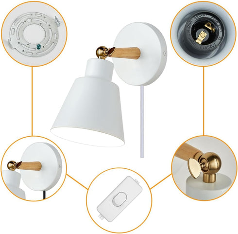 Set 2 (1, ClanKin Wall Sconces Lighting of for Bedroom, White Wooden Style Wall Sconce Reading Lamp, Adjustable Wall