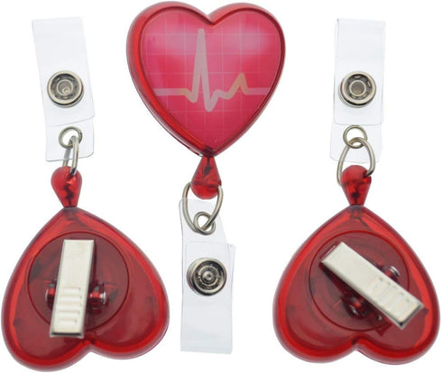 Specialist ID Heart Shaped EKG Badge Reels - 3 Pack, Retractable Cardiac Badge Reel with Alligator Swivel Clip for